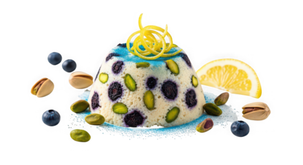 Artistic dessert creation with blueberries pistachios and lemon slice