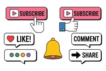 Social media engagement buttons for subscribing, liking, commenting, and sharing with a notification bell