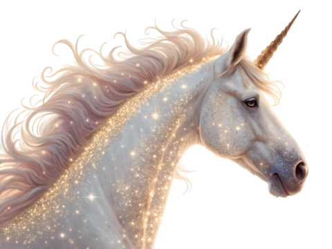 Elegant white unicorn with golden sparkles magical fantasy creature fairytale illustration