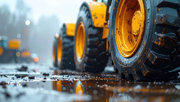 Powerful construction equipment ready for action on a rainy day, showcasing resilience and strength in challenging conditions