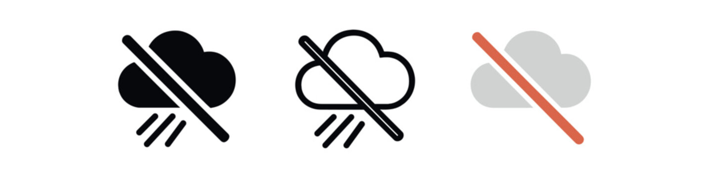 no aerosol cloud icons three icons with stylized spray cloud and tiny diagonal bar one flat solid monochrome one thin black outline black and white one full color flat icon light gray with