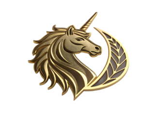 Golden unicorn emblem metallic heraldic symbol isolated on white background