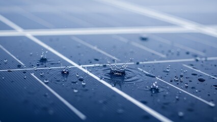 Close up of rain droplets splashing on a solar panel with white grid lines in a blue hue tone