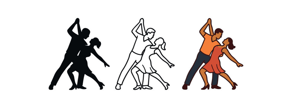 salsa dancing icons three simple dancing couple silhouettes dynamic pose one flat solid monochrome one thin black outline black and white one full color flat icon warm fiesta colors