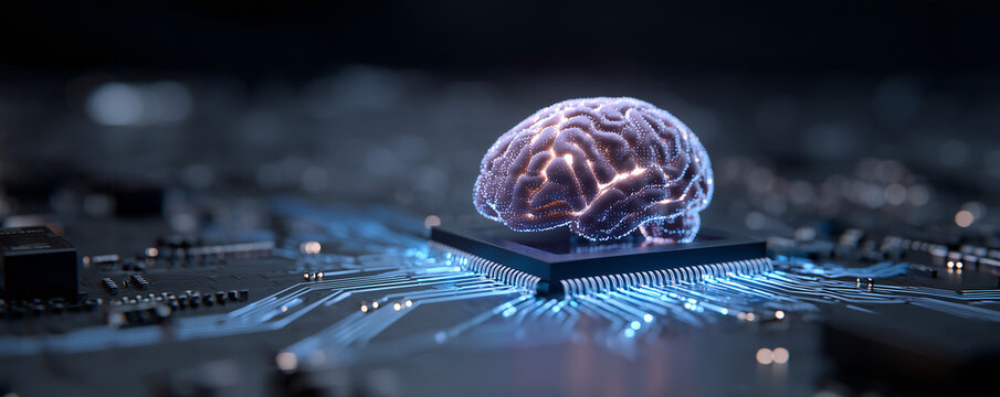 Big data and artificial intelligence concept. Human brain glowing from processor, symbolizing the fusion of human intelligence and machine learning capabilities. Evolution of technology of data