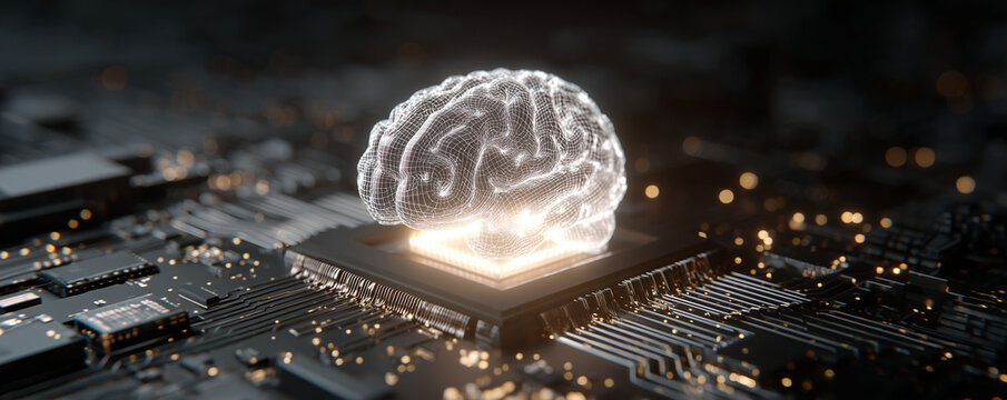 Big data and artificial intelligence concept. Human brain glowing from processor, symbolizing the fusion of human intelligence and machine learning capabilities. Evolution of technology of data - Powered by Adobe
