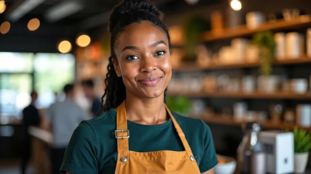 portrait of happy african american woman barista smiling in cozy coffee shop. small business owner, entrepreneurship and excellent customer service concept. - Powered by Adobe