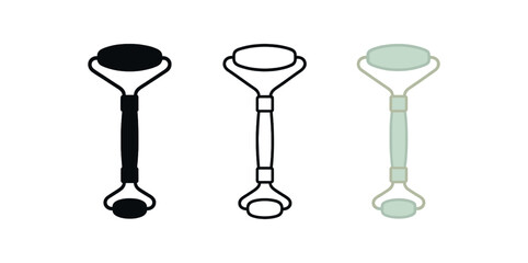facial roller icons three jade roller silhouettes one flat solid monochrome one thin black outline black and white one full color flat icon soft green