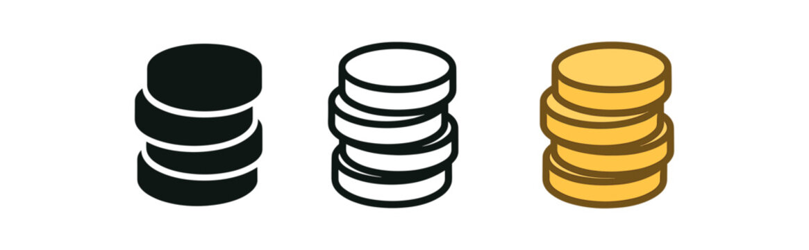 money coin icons three stacked coin icons one flat solid monochrome one thin black outline black and white one full color flat icon gold and soft
