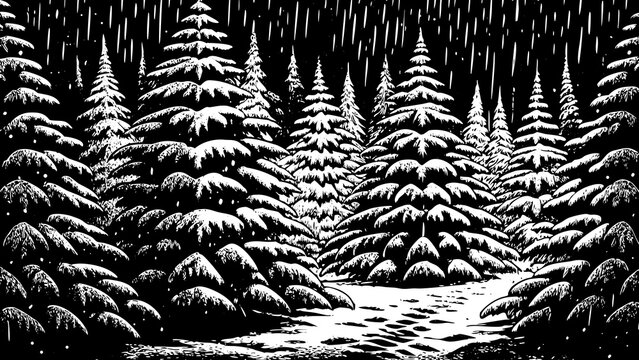 winter forest filled with snow-covered pine trees, gentle soft snowfall, and calm natural lighting ideal for creating Christmas 2026 themed visuals