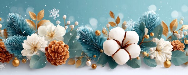 Winter floral border with cotton blooms, pine cones, and frosted leaves along a blue backdrop