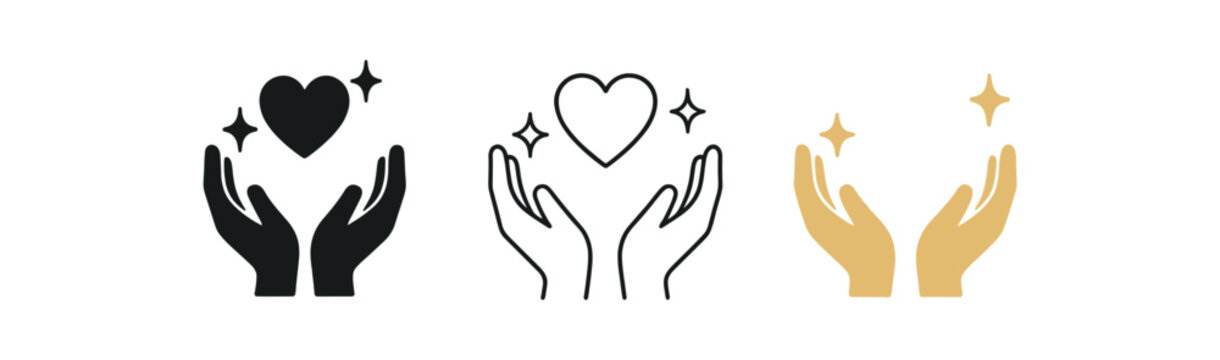 healing touch icons three hand heart and spark silhouettes one flat solid monochrome one thin black outline black and white one full color flat icon soft gold and ivory
