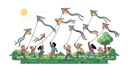 Diverse group of children joyfully flying colorful kites on a sunny day in a grassy field with a tree.