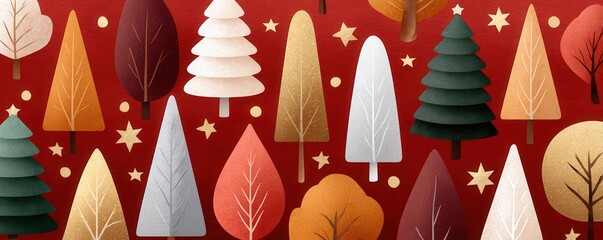 Vibrant Christmas tree pattern with hand-drawn trees, stars, and festive warm colors