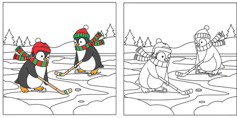 Coloring book page and colored example of two cute penguins playing ice hockey; happy cartoon animals skating on frozen pond; vector illustration for winter activity