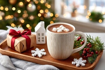 Cozy scene with hot cocoa, marshmallows, gift box, and festive decor by a Christmas tree