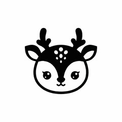 Cute Baby Deer Head with Antlers and Spots Black and White Illustration.