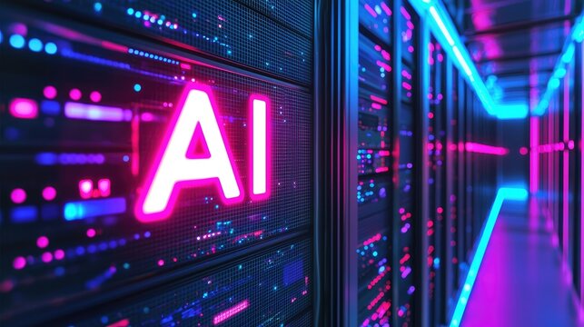 AI glowing in bright neon on a futuristic server rack inside a corridor of vivid blue and pink digital lights, ideal for AI technology presentations, digital marketing, and modern IT innovation themes