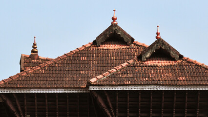 Tiled rooftop of a temple building in Kerala, India