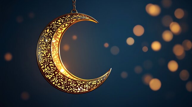 Golden crescent moon ramadan kareem eid mubarak islamic decoration background for greeting card and poster design - Powered by Adobe