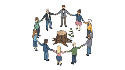 People join hands around a tree stump and new plant illustration