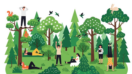 People Relaxing and Enjoying Nature in a Forest Graphic Illustration Style