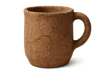 Clay mug showing cracked texture, symbolizing dryness, fragility, and environmental issues like global warming