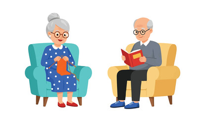 Senior couple relaxing in armchairs with knitting and reading books isolated