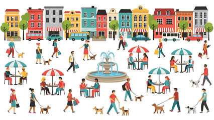 Vibrant city street scene featuring pedestrians dogs buildings and outdoor cafes