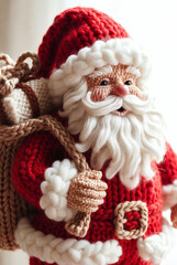 Stylized decorative Santa Claus portrait with soft yarn-inspired textures and warm festive lighting. Cute handcrafted aesthetic in a cozy Christmas setting.
