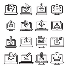 Digital productivity icon set featuring a clean silhouette design for business and technology applications silhouette