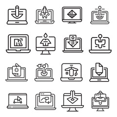 Modern digital productivity icons set featuring business and technology concepts in a clean silhouette style