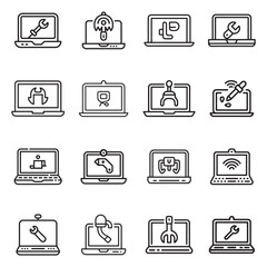 Collection of remote work tools icons featuring simple outline designs and silhouette elements for digital platforms