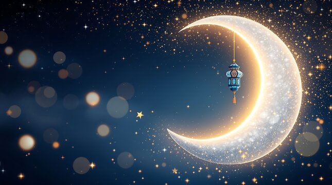 Ramadan kareem crescent moon with lantern and stars islamic background eid mubarak celebration design night sky