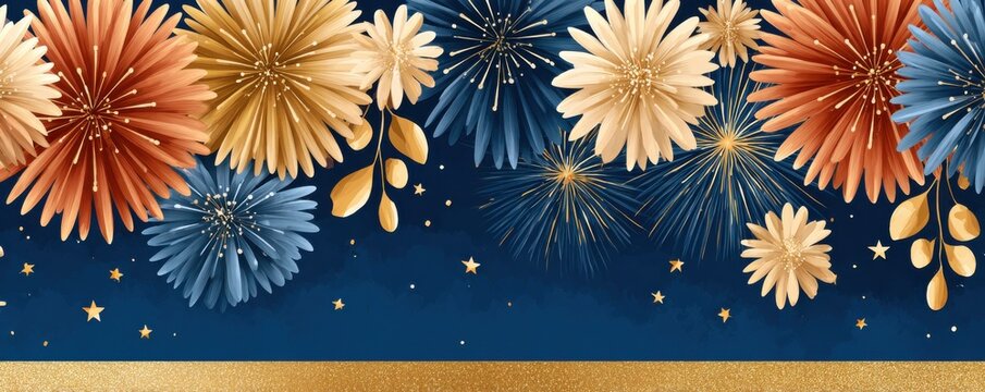 Fireworks display on a navy blue background with gold stars and decorative blooms for celebration and luxury events - Powered by Adobe