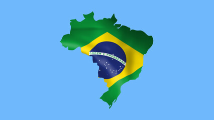 Brazil flag waving in wind and zoom to reveal isolated on blue background