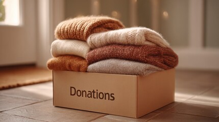 Cozy folded sweaters in cardboard donation box placed indoors for winter charity drive