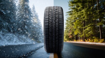 Car tire on road with split background showing winter snow and summer forest, symbolizing all season performance