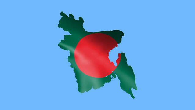 Bangladesh flag waving in wind and zoom to reveal the Country Border Map isolated on blue background