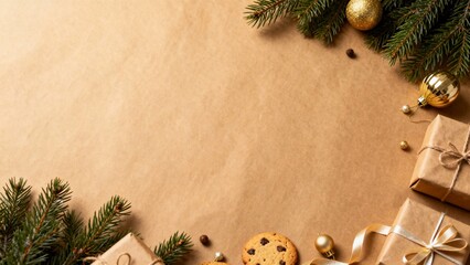 brown paper surface with christmas  elements of christmas around the edge, pine, cookies, ornaments, gifts, ribbons