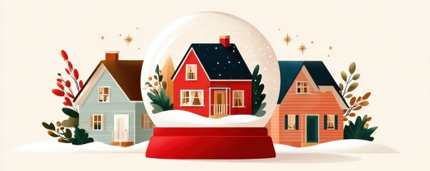 Snow globe scene with cozy red house inside a glass dome and winter village