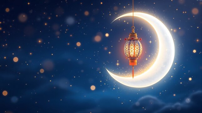 Ramadan kareem background with crescent moon and lantern for islamic festival and eid mubarak celebration