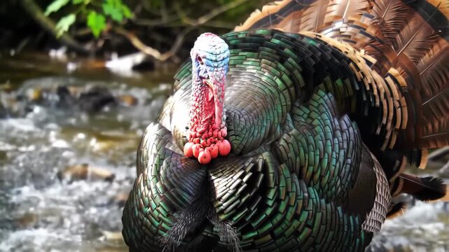 Wild turkey portrait near creek, nature wildlife scenery. Turkey, bird, animal, nature, water, creek, feathers.