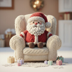 Stylized yarn-art Santa Claus figure sitting in a cozy armchair, surrounded by festive decorations and soft knitted textures. Warm handcrafted Christmas scene in soft light.