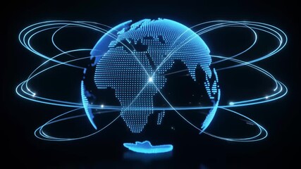 Glowing digital earth with orbiting light trails representing global network connections and data transfer - Powered by Adobe