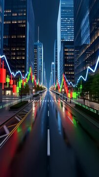 Futuristic night city street featuring neon financial stock market charts and trading candlesticks in a cinematic 3D animation, illustrating global fintech concepts
