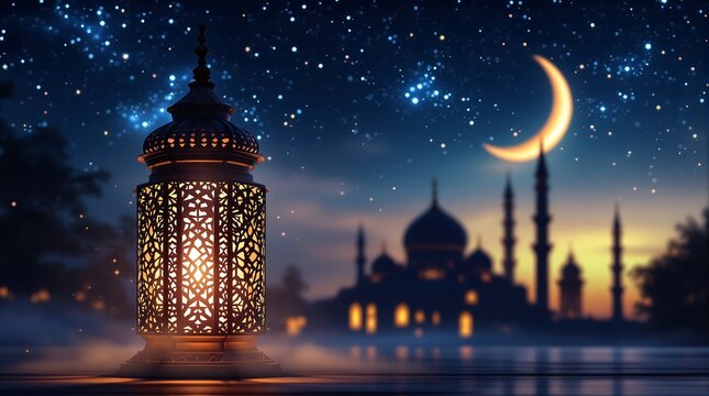 Ramadan kareem background islamic crescent moon lantern mosque night sky eid mubarak celebration design
