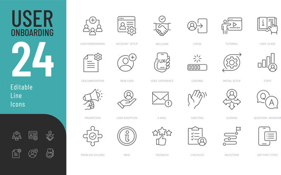 User Onboarding Line Editable Icons set. Vector illustration in modern thin style of user orientation elements: account setup, login, tutorial, and more. Isolated on transparent background.

