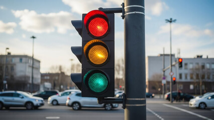 Traffic light intersection with red yellow green lights for car safety