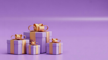 Obraz premium Four purple gift boxes with gold ribbons and bows on a purple background in a studio setting